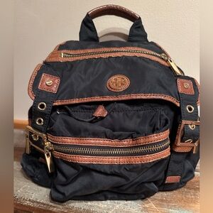 Tory Burch backpack black nylon brown leather multiple zipper and open pockets